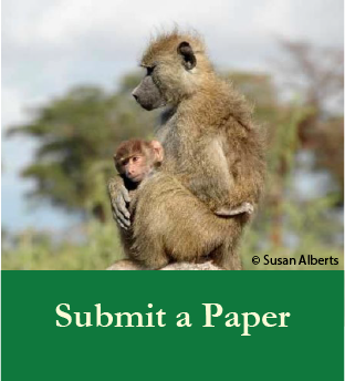 A baboon holding its child. The text reads 'Submit a paper' image credit: Susan Alberts