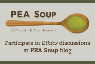 PEA Soup logo. The text reads 'Participate in Ethics discussions at PEA Soup blog'