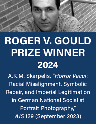 Black and white photo of Roger V. Gould. The text reads, 