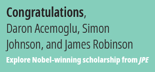 Congratulations, Daron Acemoglu, Simon Johnson, and James Robinson. Explore Nobel-winning scholarship from JPE.